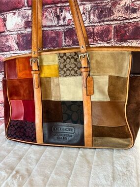 Coach Vintage Patchwork Tote Bag Suede Leather Canvas Y2K Brown Multi